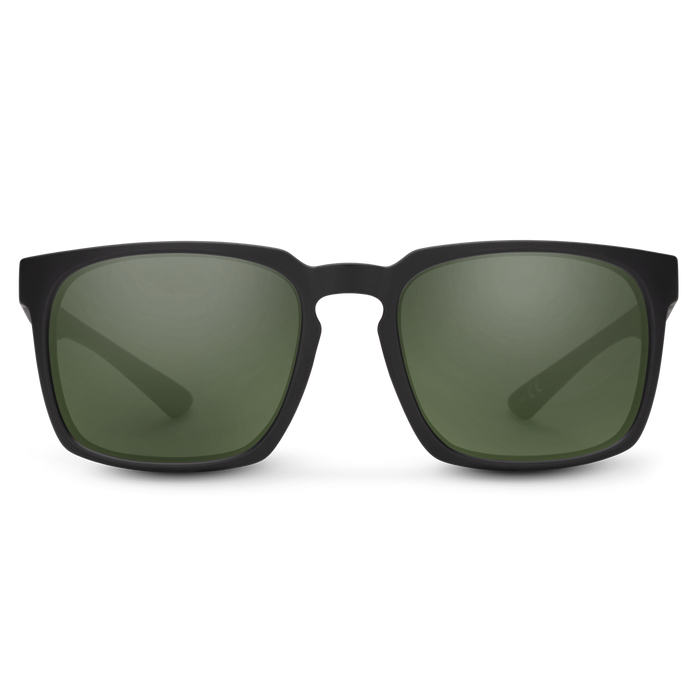 Suncloud Hundo polarized sunglasses in matte black frame with gray green lenses.