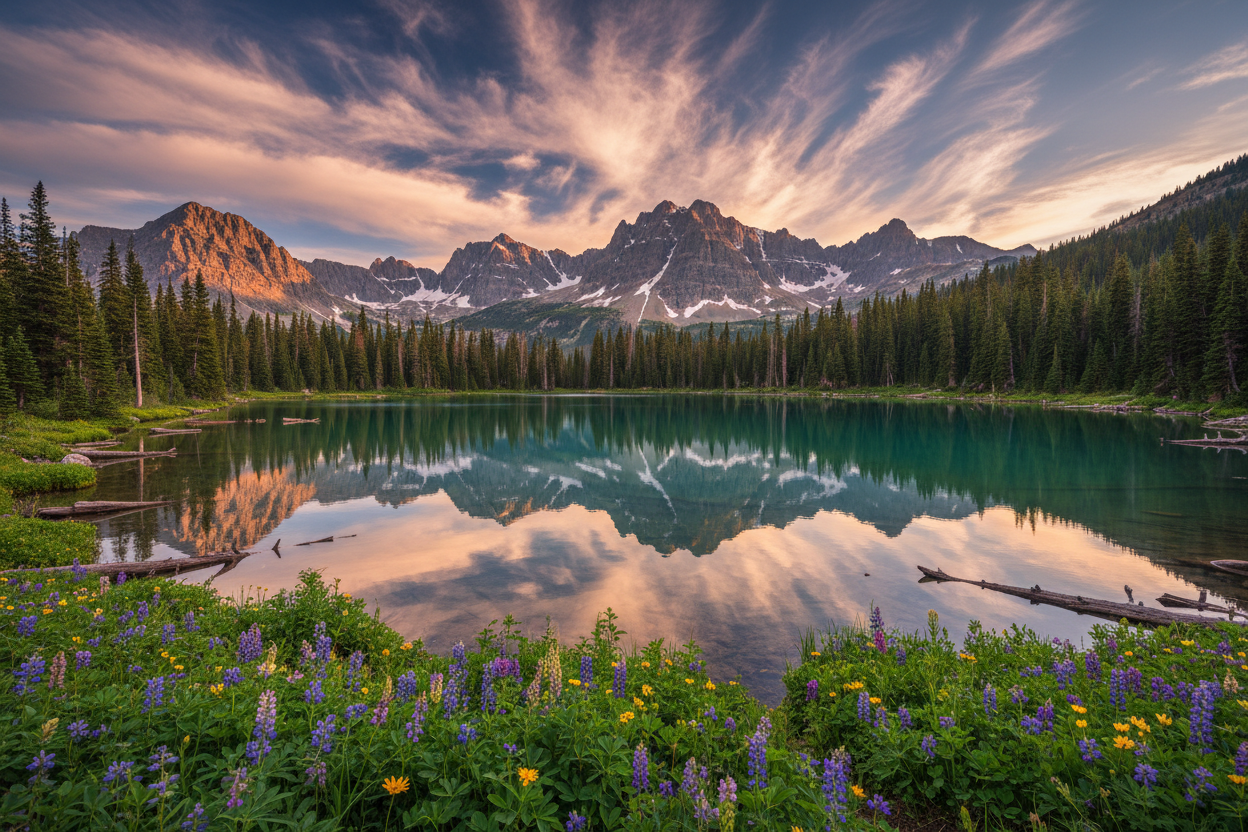 Image of a lake in the mountains of Colorado with a mountain background and flowers in the foreground.