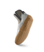 A single slip-on shoe shown from the side, featuring a light gray upper, a dark gray ankle collar, and a thick tan gum sole, isolated on a white background.