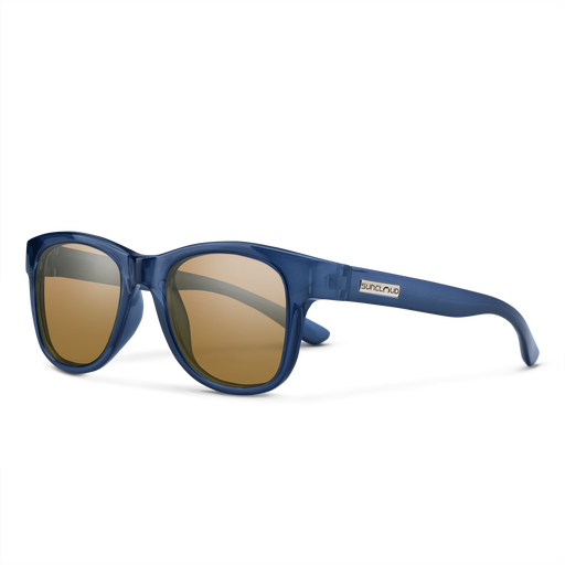 Suncloud Leeway polarized sunglasses in crystal denim blue frame with brown lenses.