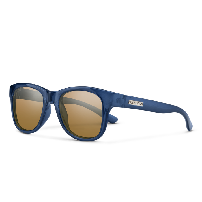 Suncloud Leeway polarized sunglasses in crystal denim blue frame with brown lenses.