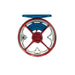 Ross Colorado Liberty limited edition click pawl fly reel in silver machined aluminum, displaying a custom blue anodized reel foot and inner frame accents with a red internal clicker housing.
