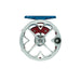 The reverse frame view of the Ross Colorado Liberty fly reel, highlighting the precise CNC face-milled aerodynamic spoke patterns and the custom blue and red anodized finish elements.