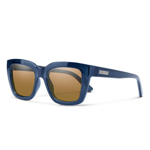 Suncloud Marion polarized sunglasses in crystal denim blue frame with brown lenses.