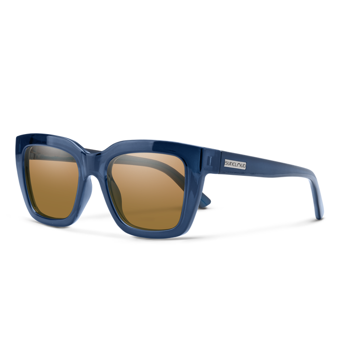 Suncloud Marion polarized sunglasses in crystal denim blue frame with brown lenses.