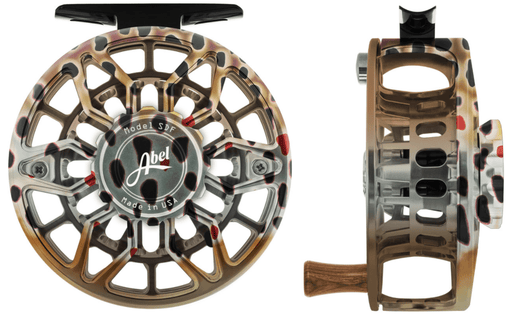 Abel SDF ported fly reel 4/5 in hand-painted Native Brown Trout finish front view