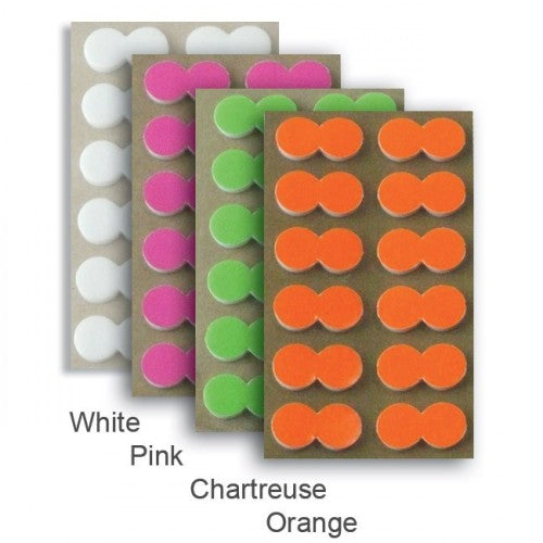 Palsa Pinch On Strike Indicators sheets in White, Pink, Chartreuse, and Orange colors on a backing material