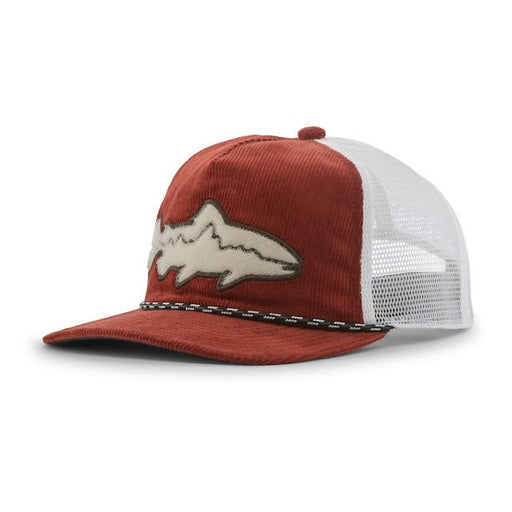 A corduroy trucker hat in rust red and white, featuring an embroidered shark patch on the front and a black-and-white stitched trim along the brim.