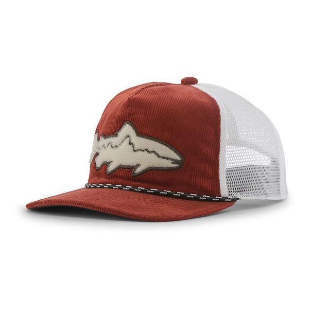 A corduroy trucker hat in rust red and white, featuring an embroidered shark patch on the front and a black-and-white stitched trim along the brim.