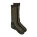 A pair of mid-calf hiking socks in olive green with dark gray reinforced zones at the heel, toe, and sole, shown against a plain white background.