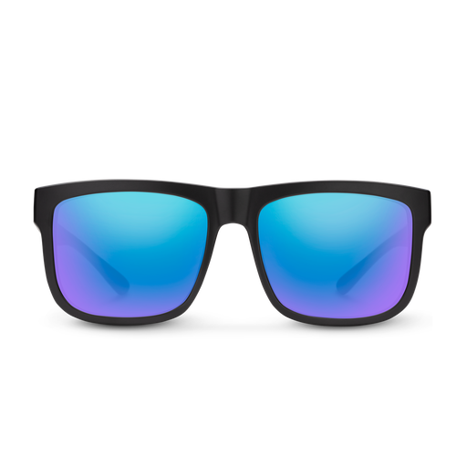 Suncloud Quiver polarized sunglasses in matte black frame with blue mirror lenses.