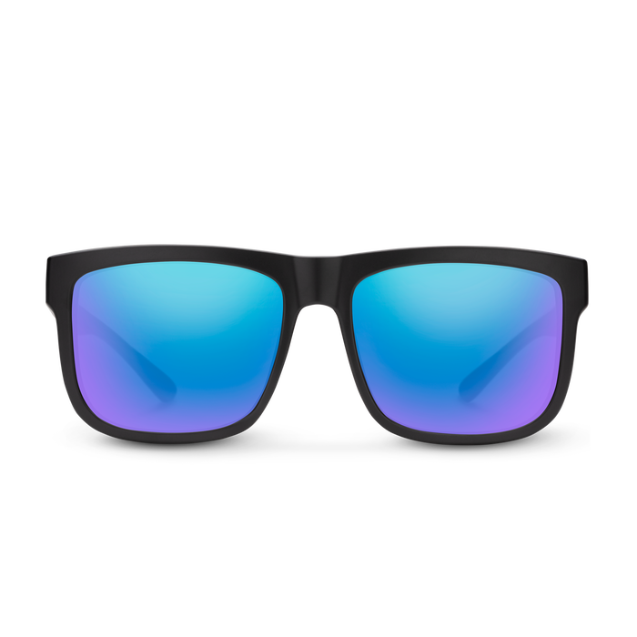 Suncloud Quiver polarized sunglasses in matte black frame with blue mirror lenses.