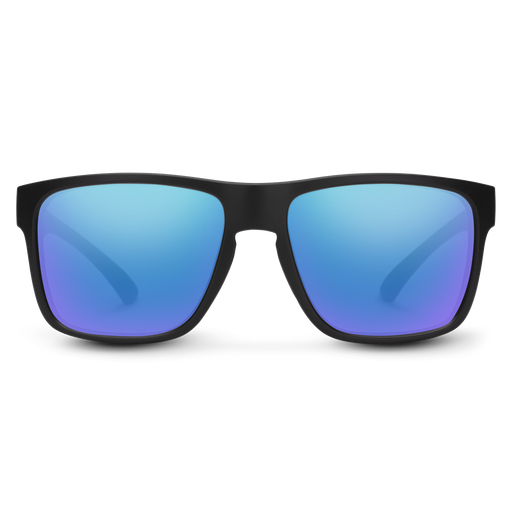 Suncloud Rambler polarized sunglasses in matte black frame with blue mirror lenses.