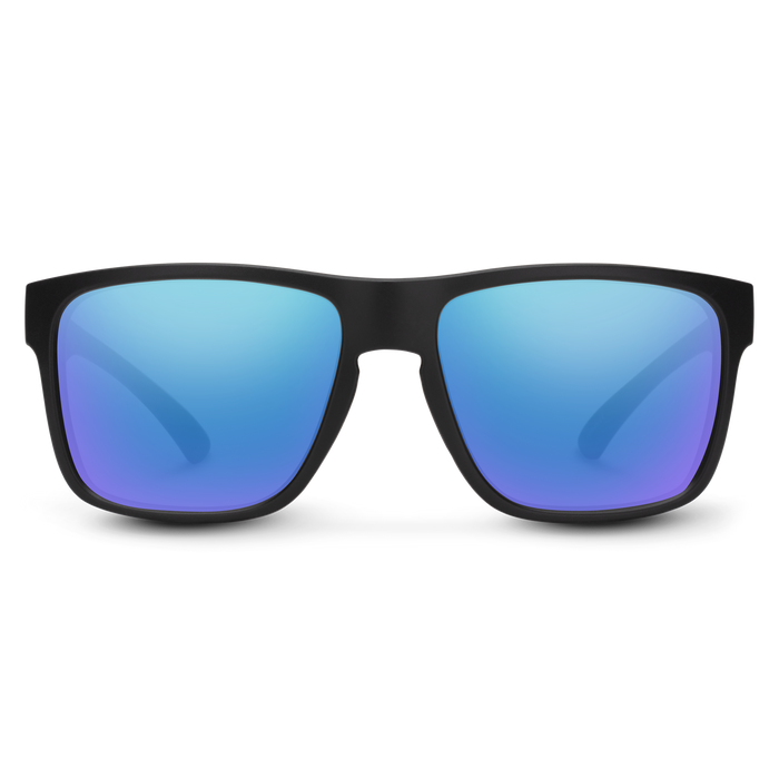 Suncloud Rambler polarized sunglasses in matte black frame with blue mirror lenses.