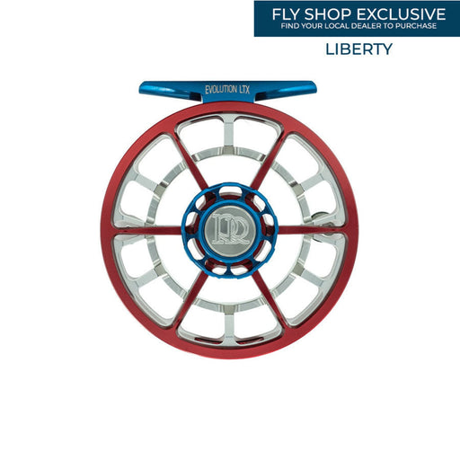 Ross Evolution LTX Liberty Edition fly reel displaying the vibrant red machined aluminum frame, platinum spool, and blue anodized drag knob accents.