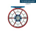 Ross Evolution LTX Liberty Edition fly reel displaying the vibrant red machined aluminum frame, platinum spool, and blue anodized drag knob accents.