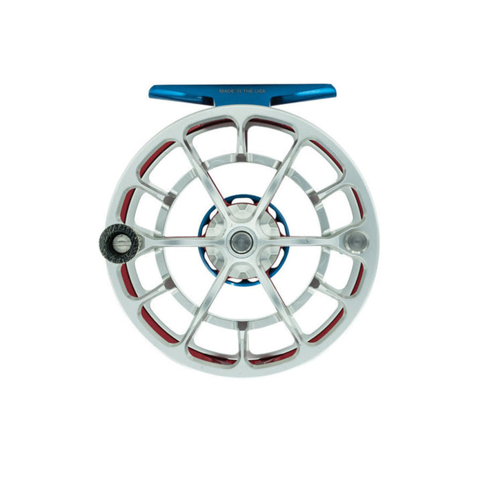 The reverse frame of the Ross Evolution LTX Liberty fly reel, showcasing the structural skeletonized spoke architecture and the custom red and blue finish.