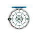 The reverse frame of the Ross Evolution LTX Liberty fly reel, showcasing the structural skeletonized spoke architecture and the custom red and blue finish.