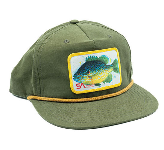 Scientific Anglers Flat Brim Panfish Hat in dark olive green featuring a gold accent rope and bluegill patch.