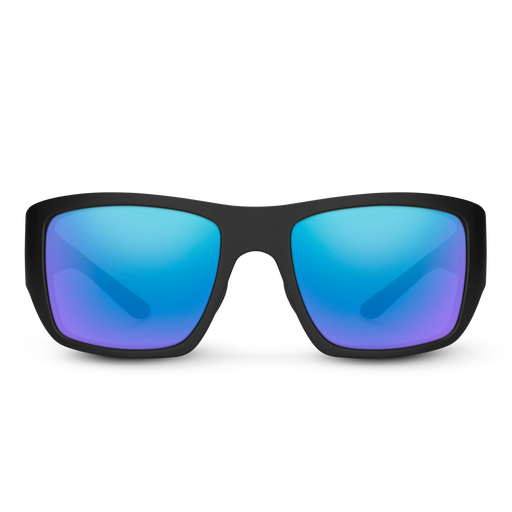 Suncloud Sculpin polarized sunglasses in matte black frame with blue mirror lenses.