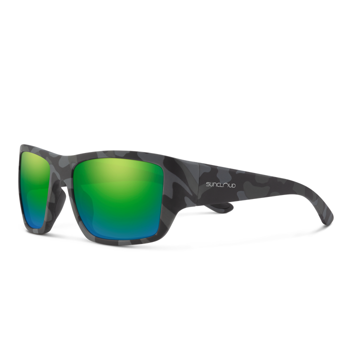 Suncloud Sculpin polarized sunglasses in matte stonefish frame with green mirror lenses.