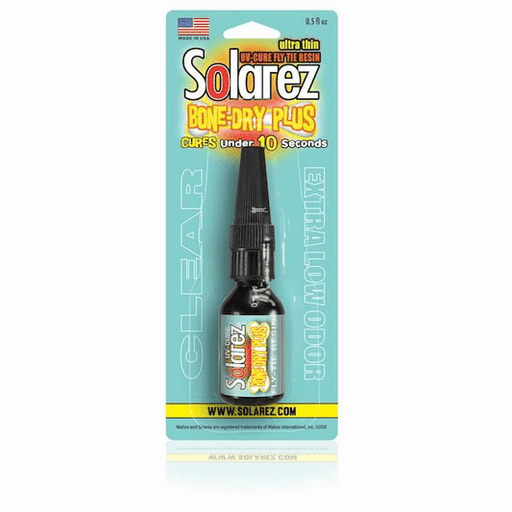 Solarez Bone Dry Plus UV clear fly tying resin in a 0.5-ounce squeeze bottle with a precision applicator tip, displayed on its green retail packaging card.