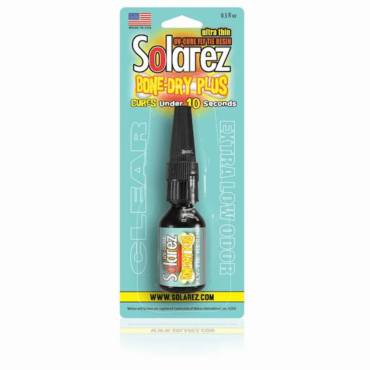 Solarez Bone Dry Plus UV clear fly tying resin in a 0.5-ounce squeeze bottle with a precision applicator tip, displayed on its green retail packaging card.