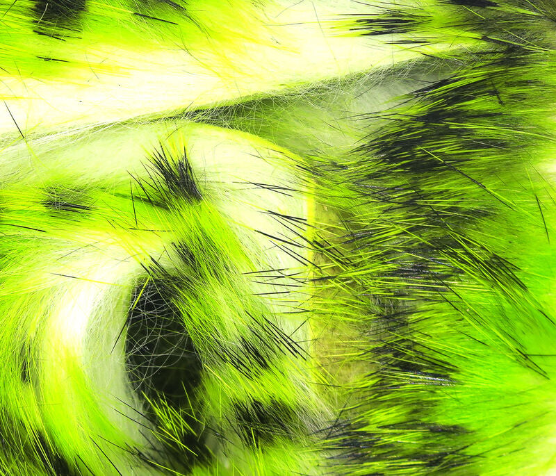 Chartreuse Over White Hareline Magnum Tiger Barred Strip showing the extra-wide cut rabbit fur with distinct dark green and black tiger barred markings