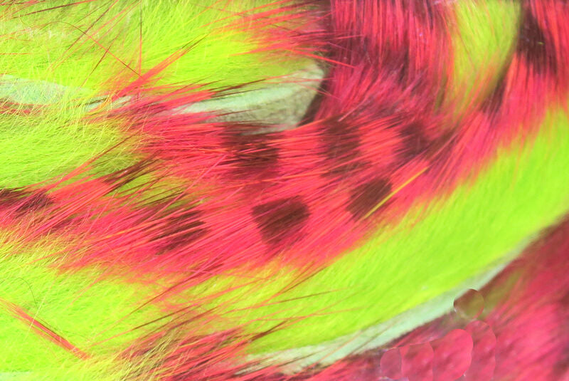 Hot Pink Brown Over Chartreuse Hareline Magnum Tiger Barred Strip displaying multi-toned dual-layered coloring for large-scale pike and musky flies