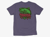 Flat view of the grape purple Yakoda Drippy Trout Tee showcasing the large neon green and orange retro fish back graphic.