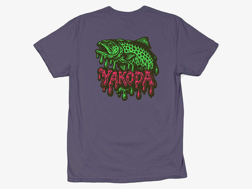 Flat view of the grape purple Yakoda Drippy Trout Tee showcasing the large neon green and orange retro fish back graphic.