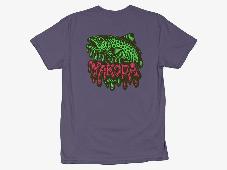 Flat view of the grape purple Yakoda Drippy Trout Tee showcasing the large neon green and orange retro fish back graphic.