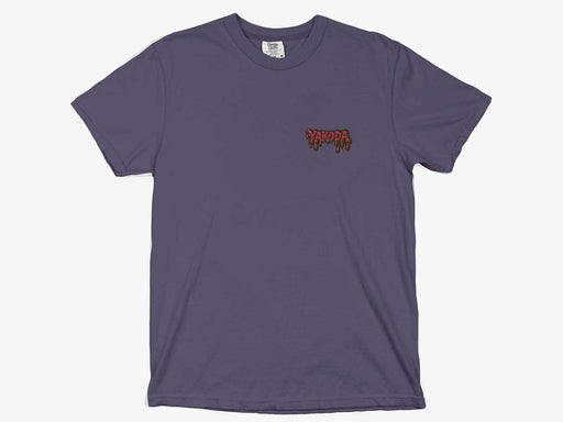 Front view of the grape purple Yakoda Drippy Trout Short Sleeve Tee showing the small neon retro chest logo.