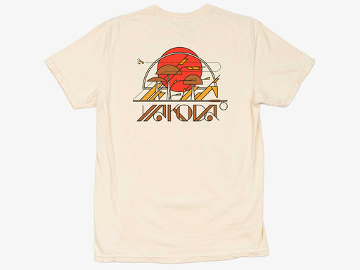 Flat view of the ivory Yakoda Prairie Tee showcasing the western sunrise, cottonwood, and fly fishing back graphic.