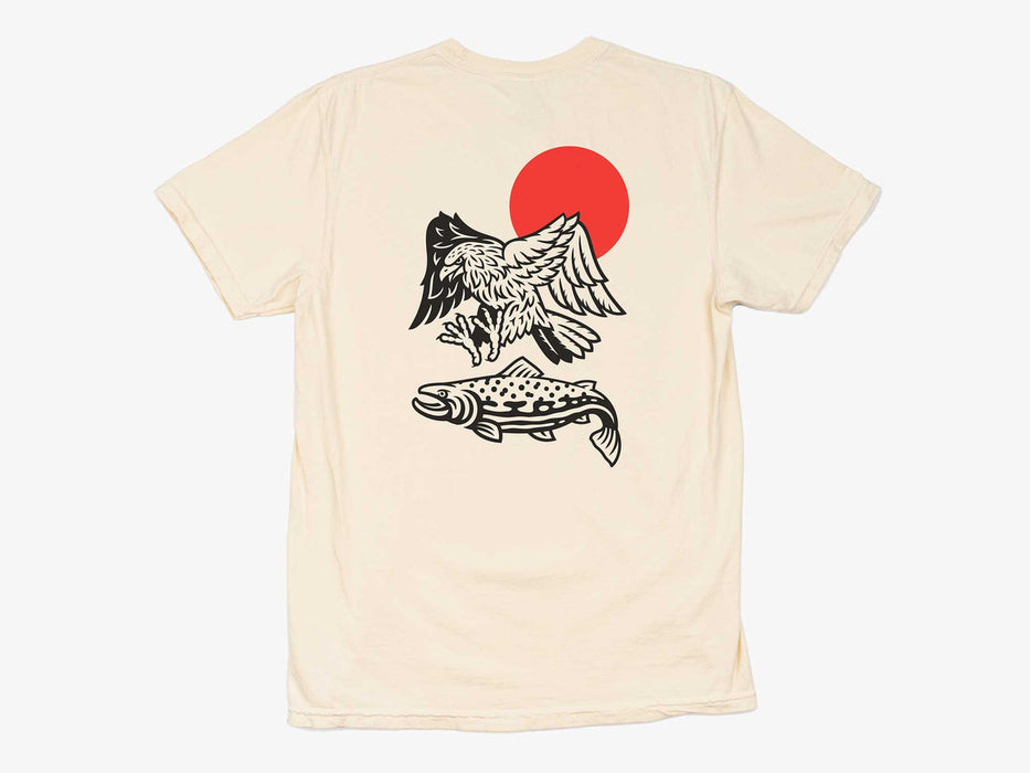 Flat view of the ivory Yakoda Rise Early Tee showcasing the custom eagle, hooked trout, and rising red sun back graphic.