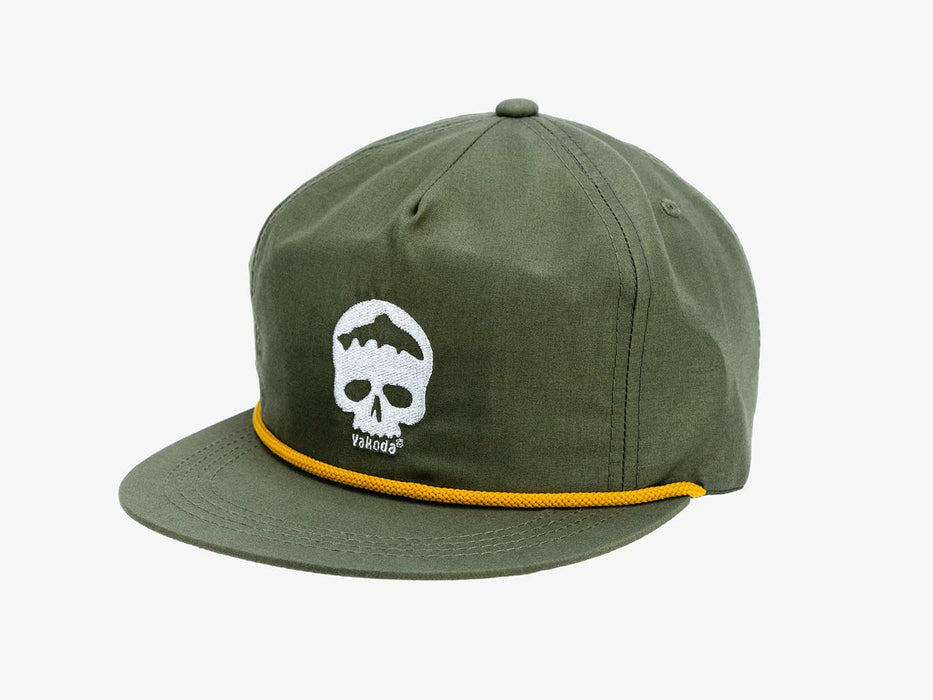 Olive green Yakoda Trout Brain Hat unstructured 5-panel fishing cap showing the white embroidered skull graphic.